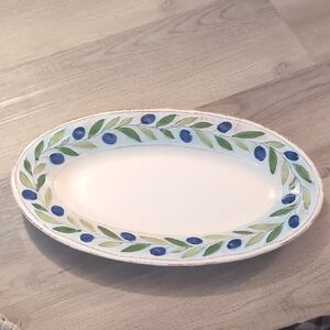 Oval Ceramic Platter with Blue and Green Leaf Design